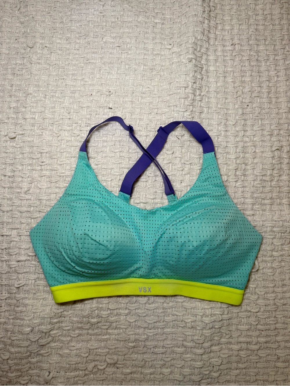 Victorias Secret Sport Women's Teal & Purple Sport Bra with Yellow Band Size 32D